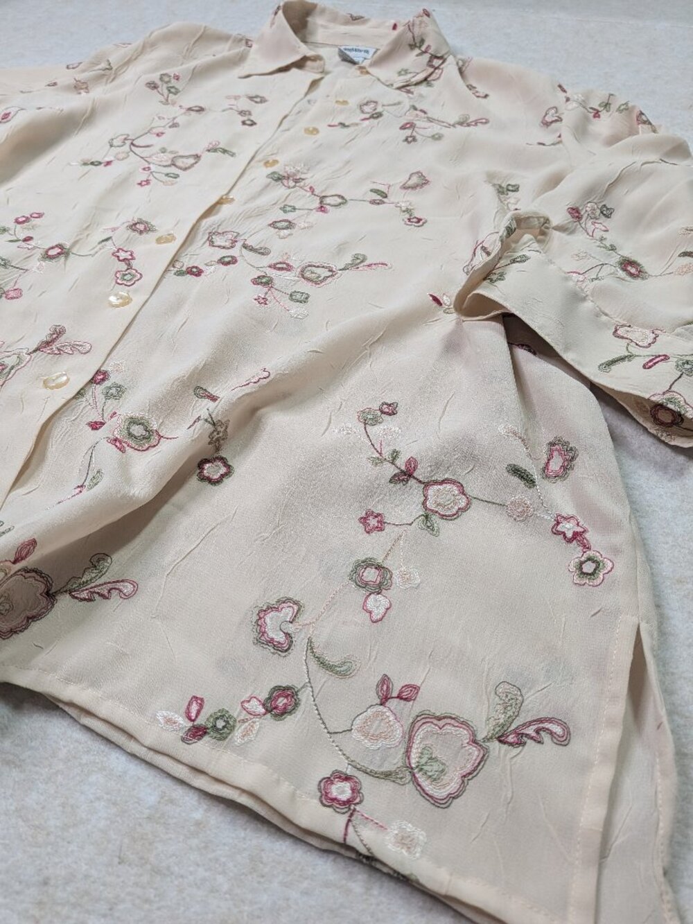 BonWorth Vintage Cream Sheer Floral Embroidered Button Down Blouse Size X-Large